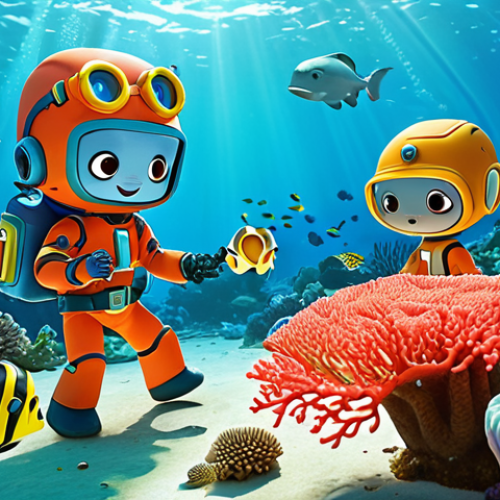 **Prompt:** Octonauts team working together to repair a damaged coral reef, transplanting healthy coral fragments. Colorful coral reef background with diverse marine life. Focus on teamwork and vibrant colors. (Keywords: Octonauts, coral reef restoration, teamwork, marine life, colorful, underwater)