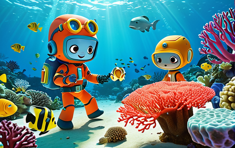 **Prompt:** Octonauts team working together to repair a damaged coral reef, transplanting healthy coral fragments. Colorful coral reef background with diverse marine life. Focus on teamwork and vibrant colors. (Keywords: Octonauts, coral reef restoration, teamwork, marine life, colorful, underwater)