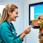 A professional female veterinarian, fully clothed in a modest, modern medical uniform, stands beside a calm, happy golden retriever in a futuristic veterinary clinic. She is gently interacting with the dog while reviewing real-time health data displayed on a transparent holographic screen, showing heart rate and activity metrics from the dog's smart collar. The clinic features sleek, clean design, soft ambient lighting, and advanced diagnostic equipment, emphasizing data-driven early warning. perfect anatomy, correct proportions, natural pose, well-formed hands, proper finger count, natural body proportions, professional photography, high detail, safe for work, appropriate content, fully clothed, family-friendly.