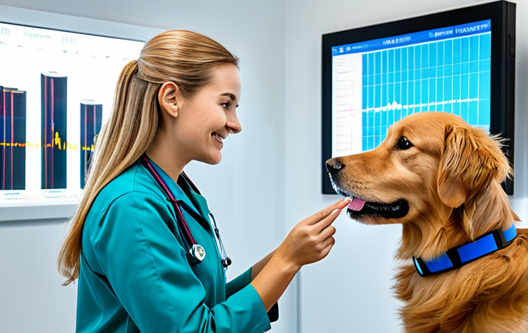 A professional female veterinarian, fully clothed in a modest, modern medical uniform, stands beside a calm, happy golden retriever in a futuristic veterinary clinic. She is gently interacting with the dog while reviewing real-time health data displayed on a transparent holographic screen, showing heart rate and activity metrics from the dog's smart collar. The clinic features sleek, clean design, soft ambient lighting, and advanced diagnostic equipment, emphasizing data-driven early warning. perfect anatomy, correct proportions, natural pose, well-formed hands, proper finger count, natural body proportions, professional photography, high detail, safe for work, appropriate content, fully clothed, family-friendly.