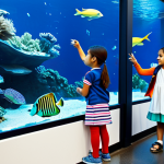 A diverse group of curious children, including a boy and a girl, fully clothed in modest, comfortable explorer attire such as practical vests and sensible shoes. They are in a brightly lit, modern marine science center, observing a large, clean aquarium display filled with diverse, friendly-looking marine life like colorful fish and gentle sea turtles. The children are pointing at the creatures with expressions of wonder and curiosity, engaging with interactive educational exhibits. The scene highlights active learning and exploration. Safe for work, appropriate content, family-friendly, professional dress. Perfect anatomy, correct proportions, natural pose, well-formed hands, proper finger count, natural body proportions, high quality photography.