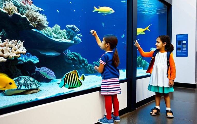 A diverse group of curious children, including a boy and a girl, fully clothed in modest, comfortable explorer attire such as practical vests and sensible shoes. They are in a brightly lit, modern marine science center, observing a large, clean aquarium display filled with diverse, friendly-looking marine life like colorful fish and gentle sea turtles. The children are pointing at the creatures with expressions of wonder and curiosity, engaging with interactive educational exhibits. The scene highlights active learning and exploration. Safe for work, appropriate content, family-friendly, professional dress. Perfect anatomy, correct proportions, natural pose, well-formed hands, proper finger count, natural body proportions, high quality photography.