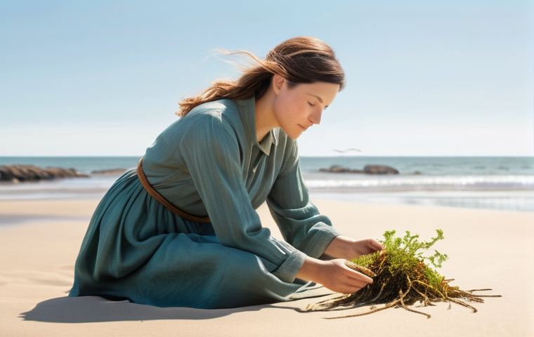 옥토넛 대본 작가 인터뷰 - **Prompt:** A serene, sun-drenched coastal scene where a scriptwriter, a woman in her 40s with kind ...