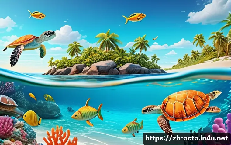 옥토넛 시즌별 인기 에피소드 - A vibrant spring ocean scene featuring newly hatched baby sea turtles wearing small, colorful swim d...