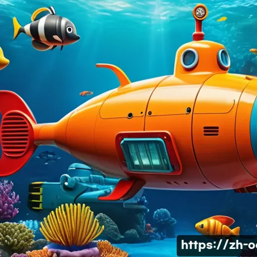 옥토넛 실제 탐험 장비와 비교 - A colorful, cartoon-style underwater exploration submarine inspired by the animated series "Octonaut...