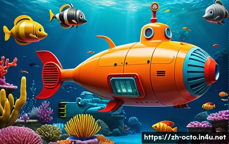 옥토넛 실제 탐험 장비와 비교 - A colorful, cartoon-style underwater exploration submarine inspired by the animated series "Octonaut...