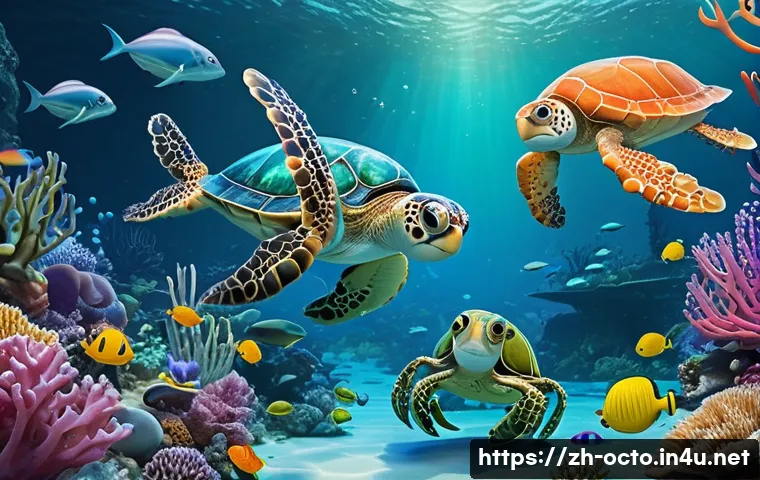 옥토넛의 창작 과정 다큐멘터리 - A vibrant underwater scene featuring a group of anthropomorphic ocean explorer characters inspired b...