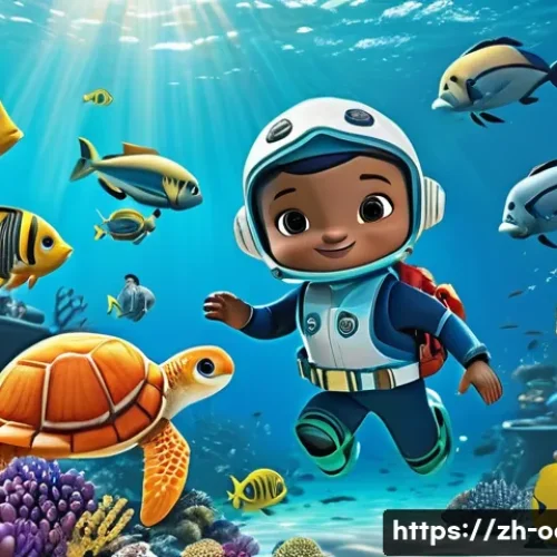 옥토넛 애니메이션의 철학적 메시지 - A vibrant underwater scene featuring the Octonauts team working together to clean up ocean plastic p...