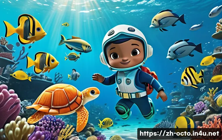 옥토넛 애니메이션의 철학적 메시지 - A vibrant underwater scene featuring the Octonauts team working together to clean up ocean plastic p...