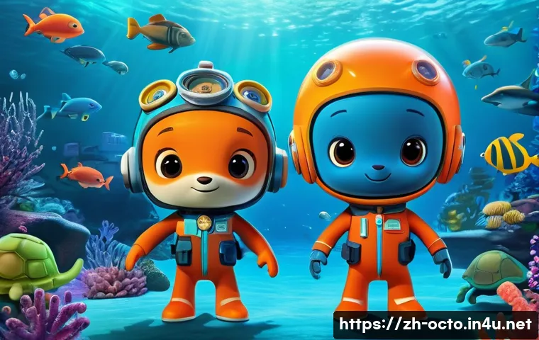 옥토넛 제작사 비하인드 스토리 - A vibrant underwater scene featuring colorful, anthropomorphic Octonauts characters with distinct pe...