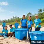 옥토넛 탐험에서 배운 환경 지식 - A vibrant coastal community beach cleanup scene featuring diverse volunteers, including adults and c...