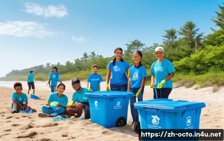 옥토넛 탐험에서 배운 환경 지식 - A vibrant coastal community beach cleanup scene featuring diverse volunteers, including adults and c...