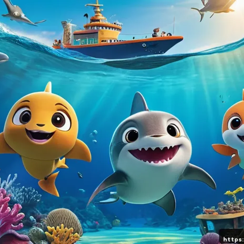 옥토넛 아기 상어와의 콜라보 사례 - A vibrant underwater scene featuring the Octonauts and Baby Shark characters working together on an ...