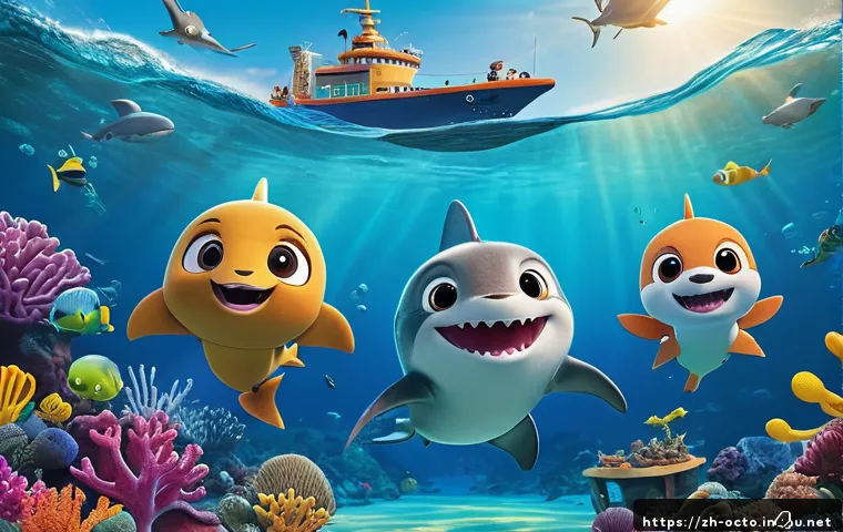 옥토넛 아기 상어와의 콜라보 사례 - A vibrant underwater scene featuring the Octonauts and Baby Shark characters working together on an ...