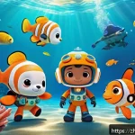 옥토넛 책 시리즈 소개 - A vibrant underwater scene featuring the Octonauts team exploring a colorful coral reef teeming with...