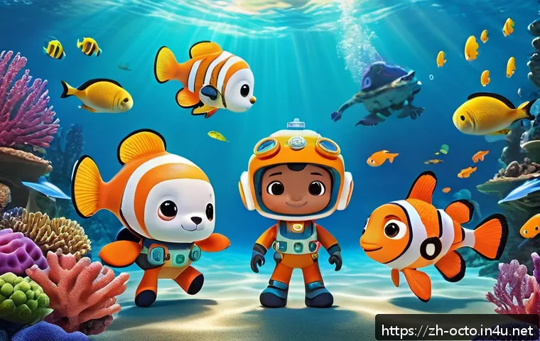 옥토넛 책 시리즈 소개 - A vibrant underwater scene featuring the Octonauts team exploring a colorful coral reef teeming with...