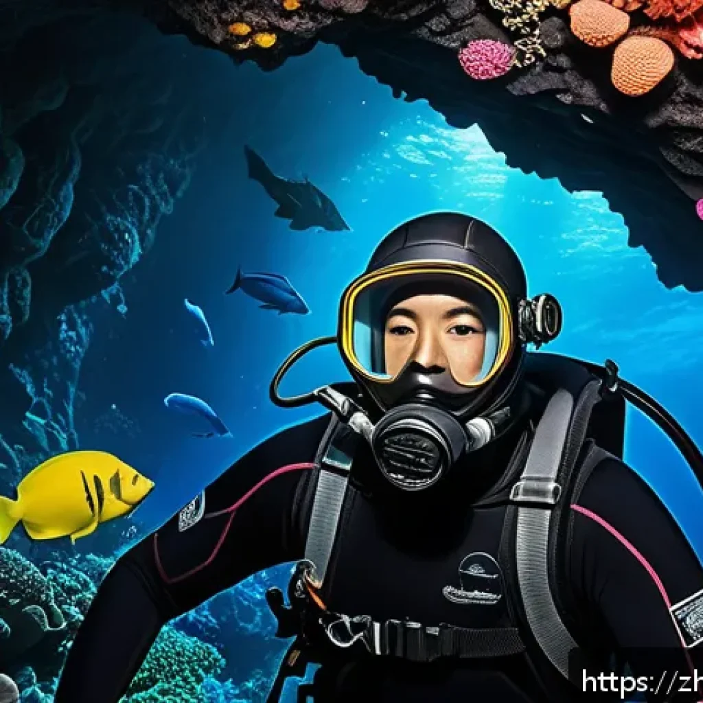 옥토넛 주요 에피소드의 교훈 - A courageous deep-sea diver wearing advanced diving gear and a wetsuit, exploring a mysterious under...