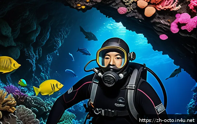 옥토넛 주요 에피소드의 교훈 - A courageous deep-sea diver wearing advanced diving gear and a wetsuit, exploring a mysterious under...