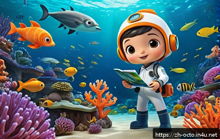 옥토넛 스토리의 기승전결 - A vibrant underwater scene featuring the Octonauts team exploring a colorful coral reef teeming with...