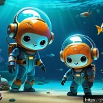 옥토넛 팬아트 트렌드 분석 - A vibrant digital illustration of the Octonauts crew exploring a futuristic underwater city, featuri...