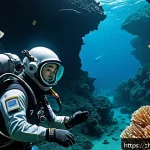 옥토넛 퀘이지와 바나클스 케미 - A detailed underwater deep-sea expedition scene featuring two explorers: Quasie, a slender, intellig...