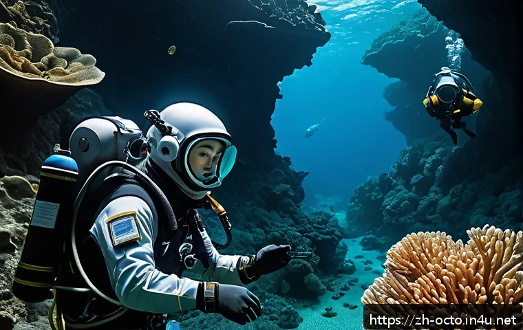 옥토넛 퀘이지와 바나클스 케미 - A detailed underwater deep-sea expedition scene featuring two explorers: Quasie, a slender, intellig...