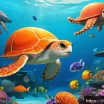 옥토넛의 과학적 교육 콘텐츠 - A vibrant underwater scene featuring a diverse group of colorful marine animals such as coral reefs,...