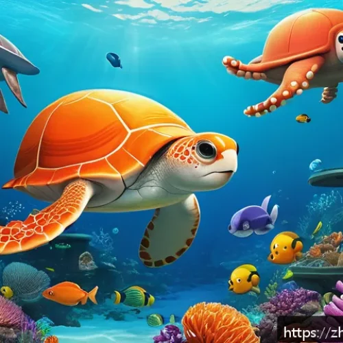 옥토넛의 과학적 교육 콘텐츠 - A vibrant underwater scene featuring a diverse group of colorful marine animals such as coral reefs,...