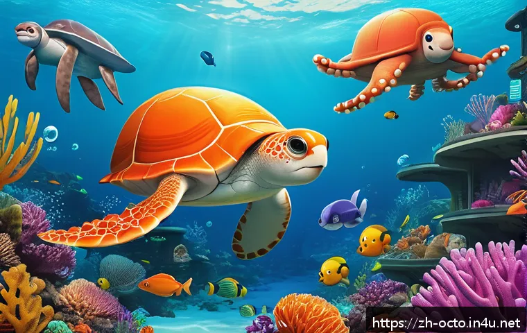 옥토넛의 과학적 교육 콘텐츠 - A vibrant underwater scene featuring a diverse group of colorful marine animals such as coral reefs,...