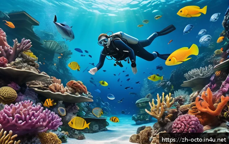 옥토넛 메인 제작진 인터뷰 - A vibrant underwater scene showcasing a diverse ocean ecosystem with detailed 3D-rendered marine lif...