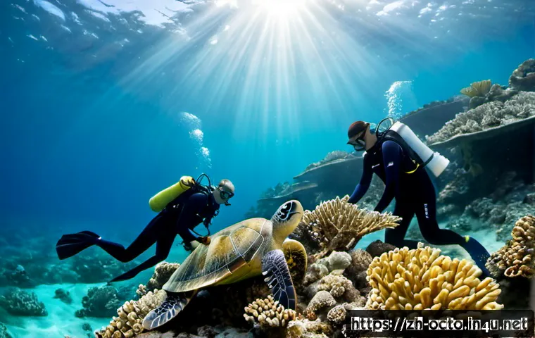 옥토넛 해양 생물 보호 캠페인 - Photorealistic underwater marine conservation scene, diverse team of adult ocean rescue volunteers i...
