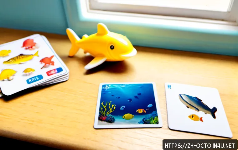 옥토넛 어린이용 학습 자료 - Photorealistic educational flat lay for young children: colorful ocean animal figurines, a small toy...