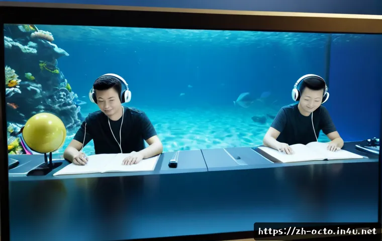 옥토넛 애니메이션 로컬라이징 과정 - Photorealistic animation localization studio, a professional editor wearing headphones reviewing a c...