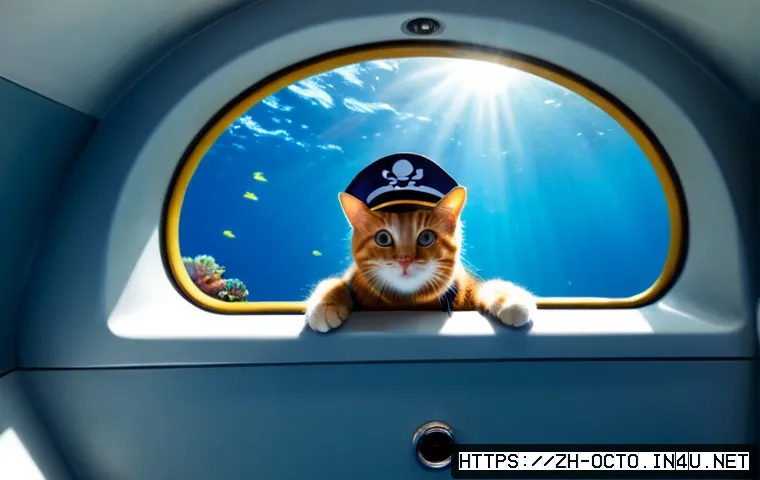 옥토넛 퀘이지의 대표 유행어 - Photorealistic cinematic scene of an adventurous orange tabby cat sea explorer in a small blue under...