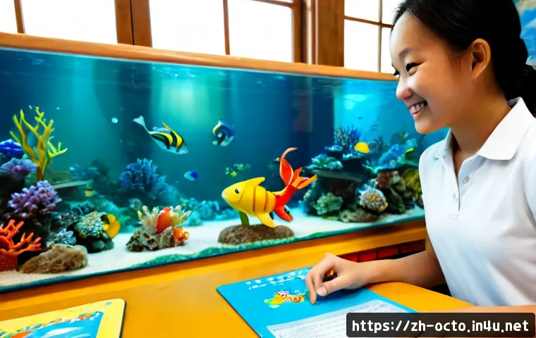 옥토넛 어린이 교육 효과 사례 - Photorealistic elementary classroom, a cheerful child studying colorful marine animal figurines and ...