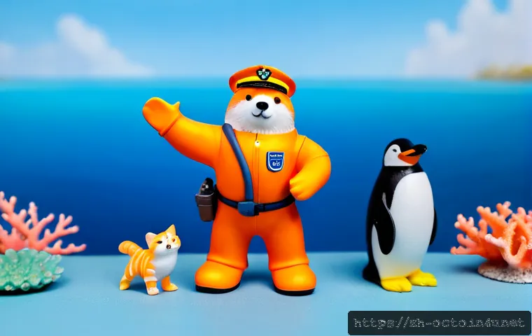 옥토넛 인기 캐릭터 피규어 - Photorealistic product-style scene of three original underwater rescue crew collectible figures, a b...