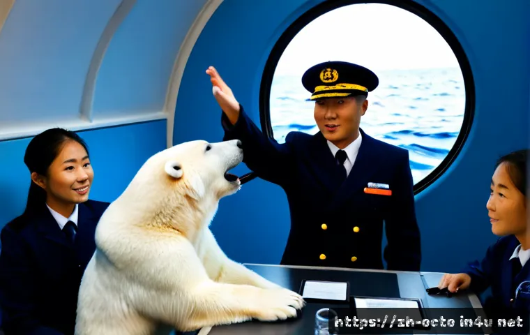 옥토넛 바나클스 대장 리더십 강의 - Photorealistic educational leadership seminar scene, confident white polar bear sea captain in a mod...